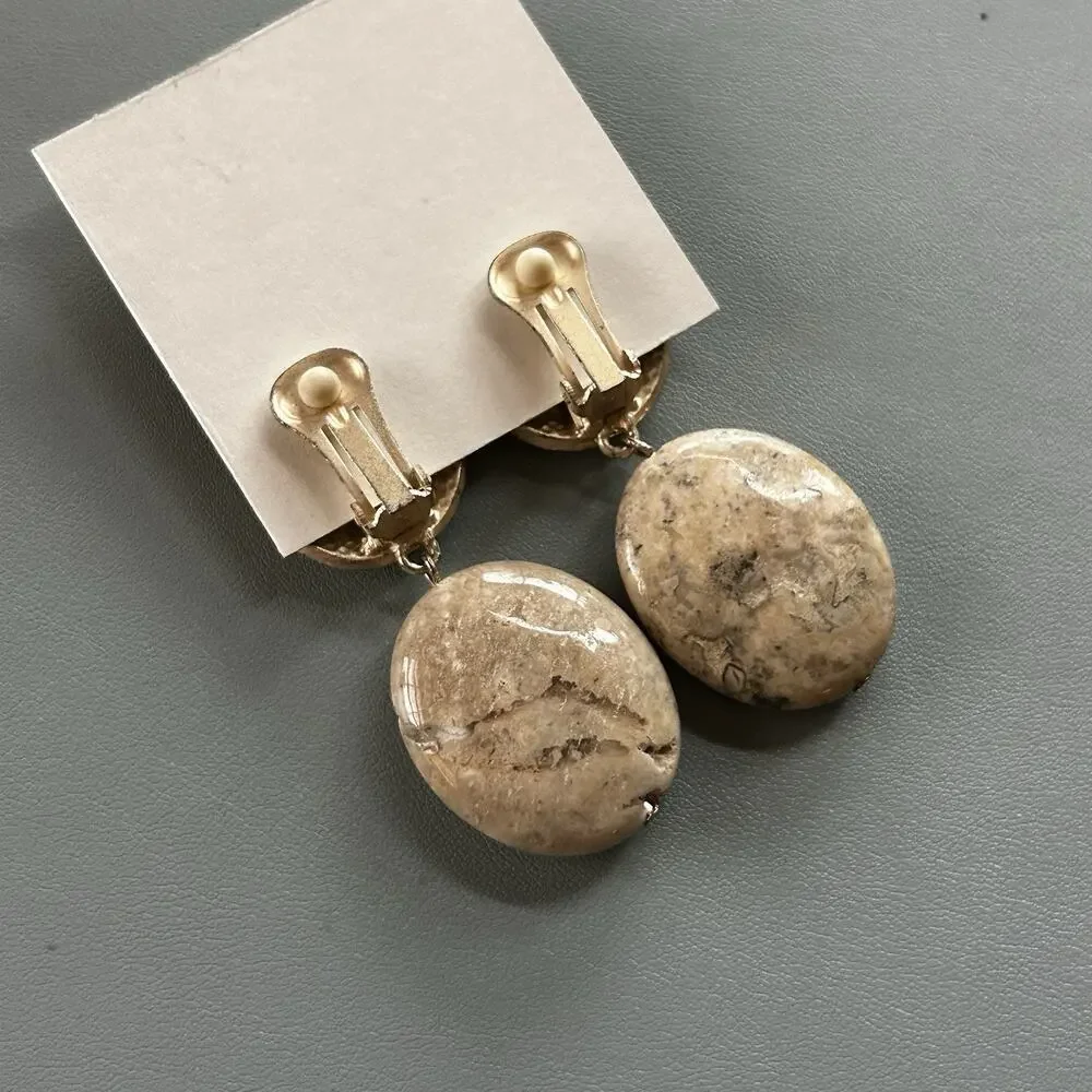 Handcrafted Oval Stone Metal Dangle Earrings Clip-On Beige Gold